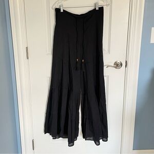 Gianni Bini Black Cotton Drawstring Tassel Pleated Wide Leg Pants 35175